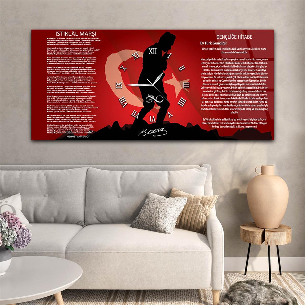 Atatürk Türk Bayrağı İstiklal Marşı ve Gençliğe Hitabe Saatli  Cam Tablo 051