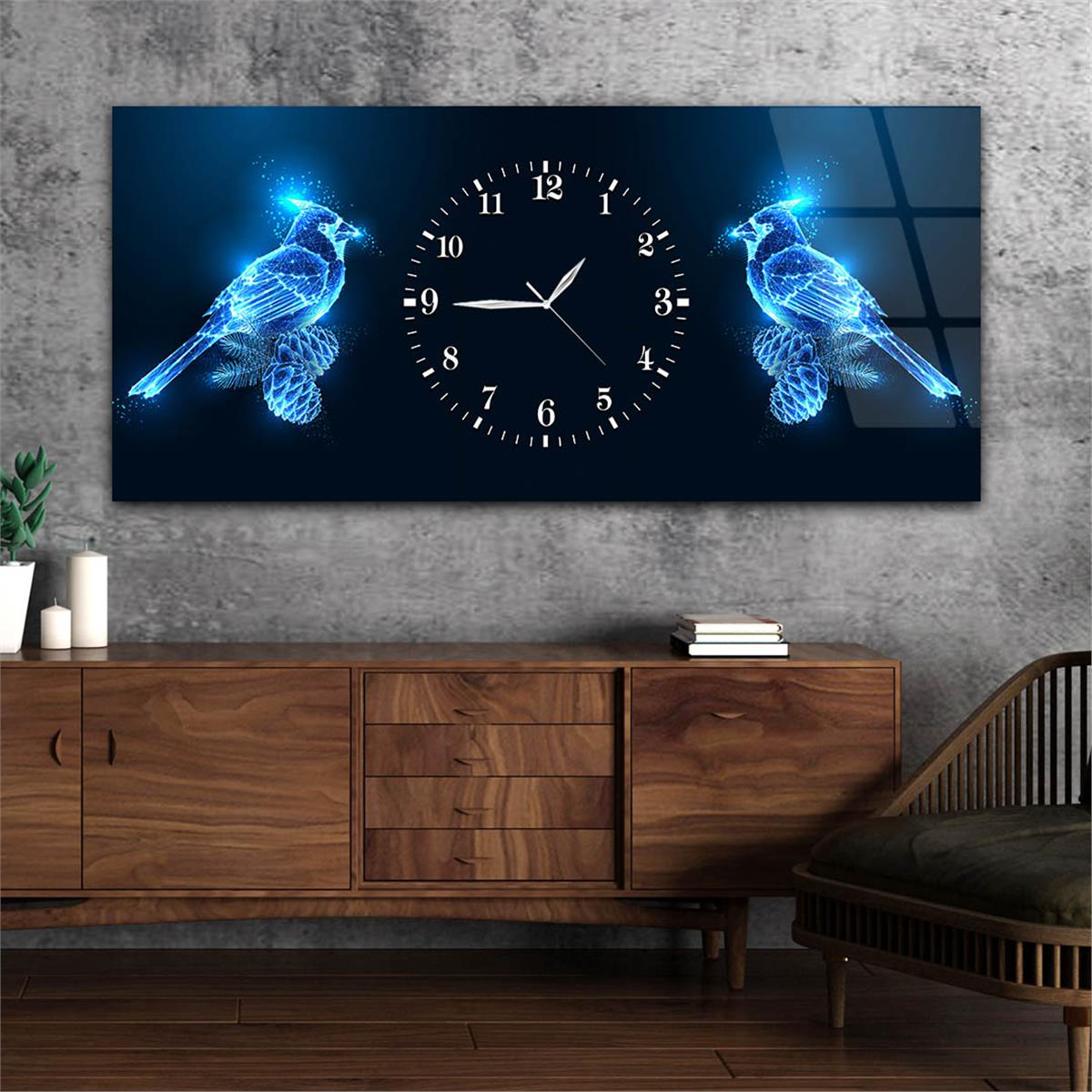 Yatay Ortadan Saatli  Sanat ve Doğa Temalı Cam Tablo 073