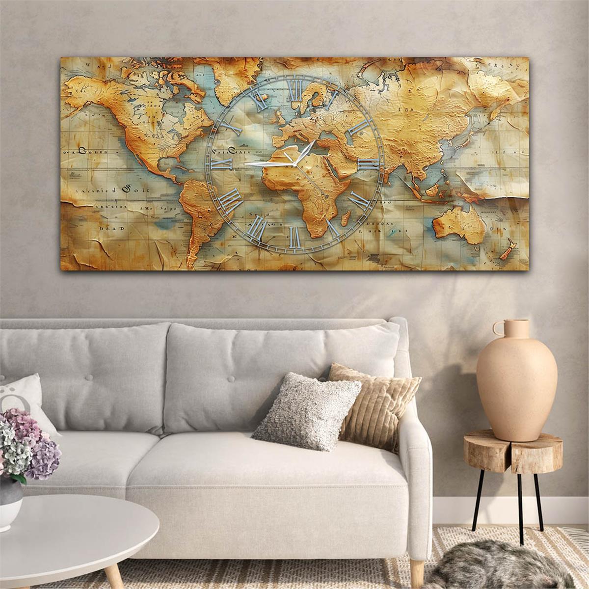 Yatay Saatli Ortadan Vatan Temalı Cam Tablo 130