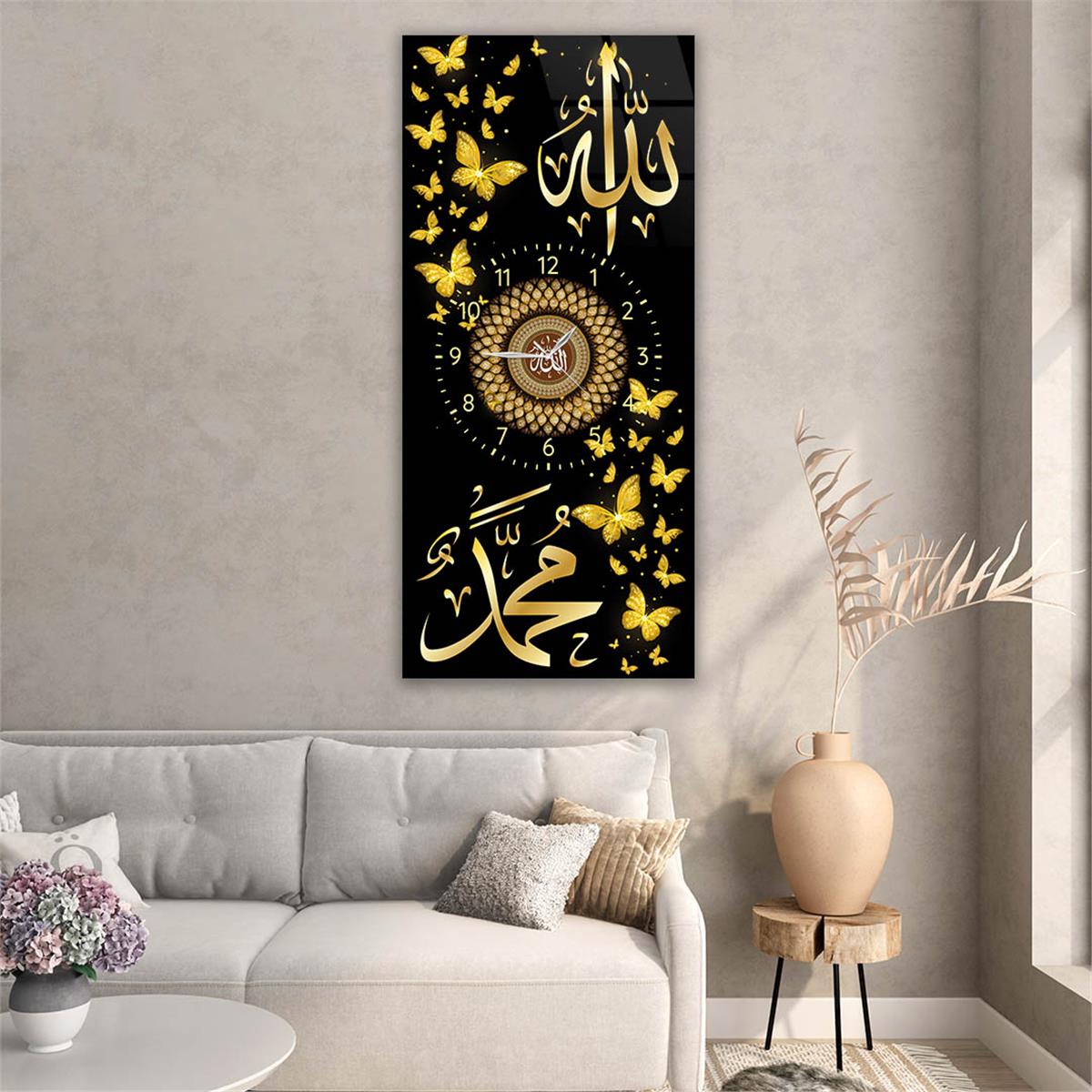 Vertical Religious Themed Glass Wall Art with Clock at the Center 013