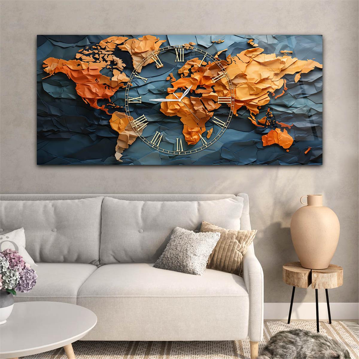 Yatay Saatli Ortadan Vatan Temalı Cam Tablo 128