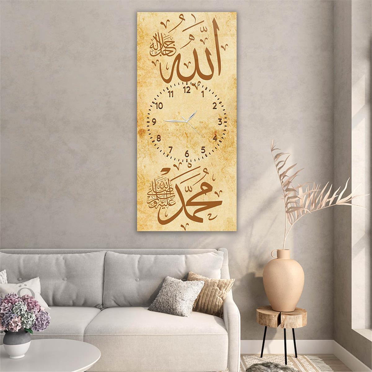 Vertical Religious Themed Glass Wall Art with Clock at the Center 002