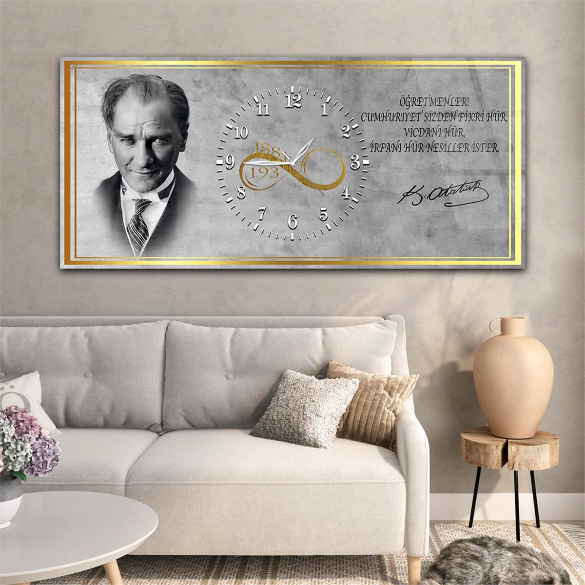 Yatay Ortadan Saatli  Vatan Temalı Cam Tablo 029