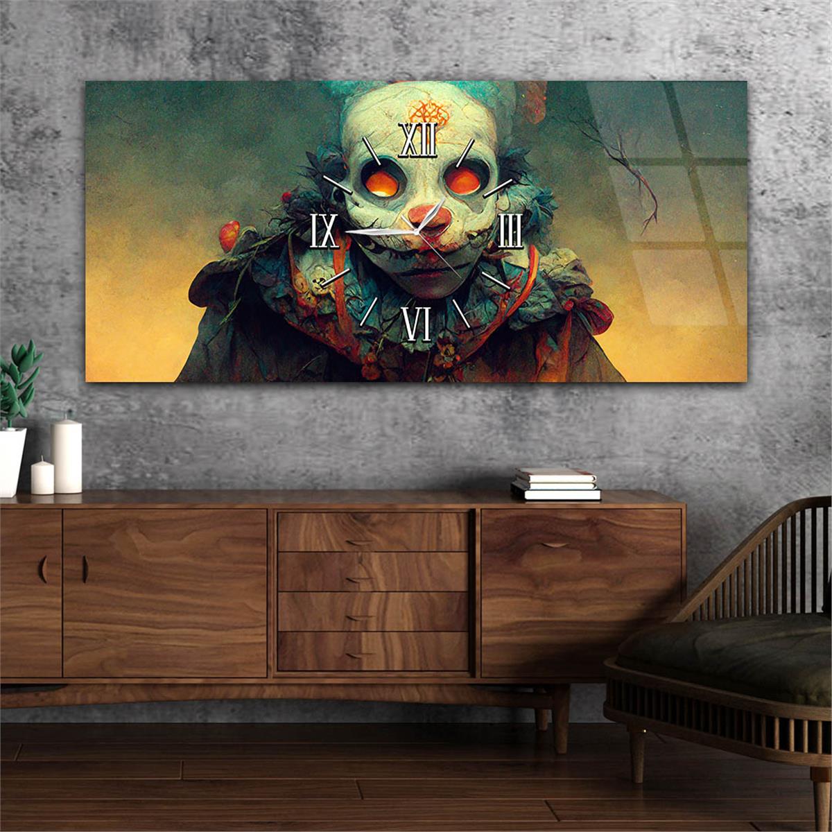 Yatay Ortadan Saatli  Sanat ve Doğa Temalı Cam Tablo 092