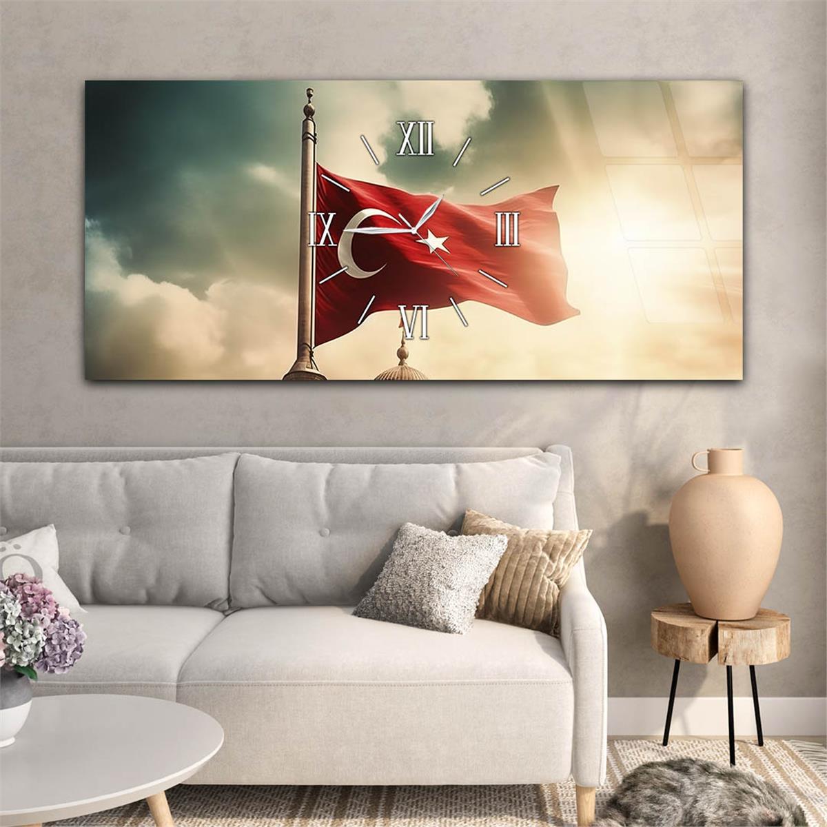 Bulutlar Arasında Dalgalanan Türk Bayrağı Saatli  Cam Tablo 080