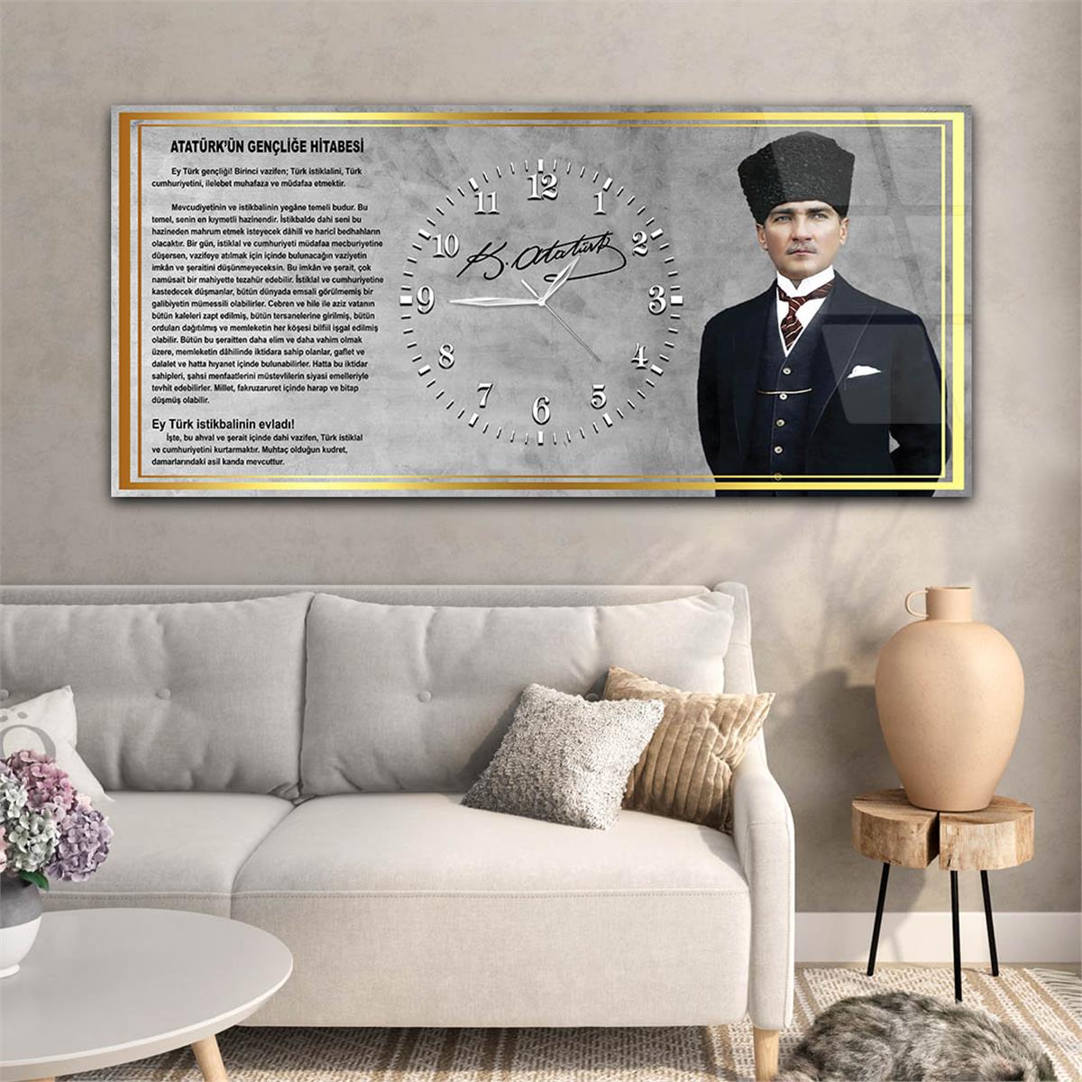 Yatay Saatli Ortadan Vatan Temalı Cam Tablo 164