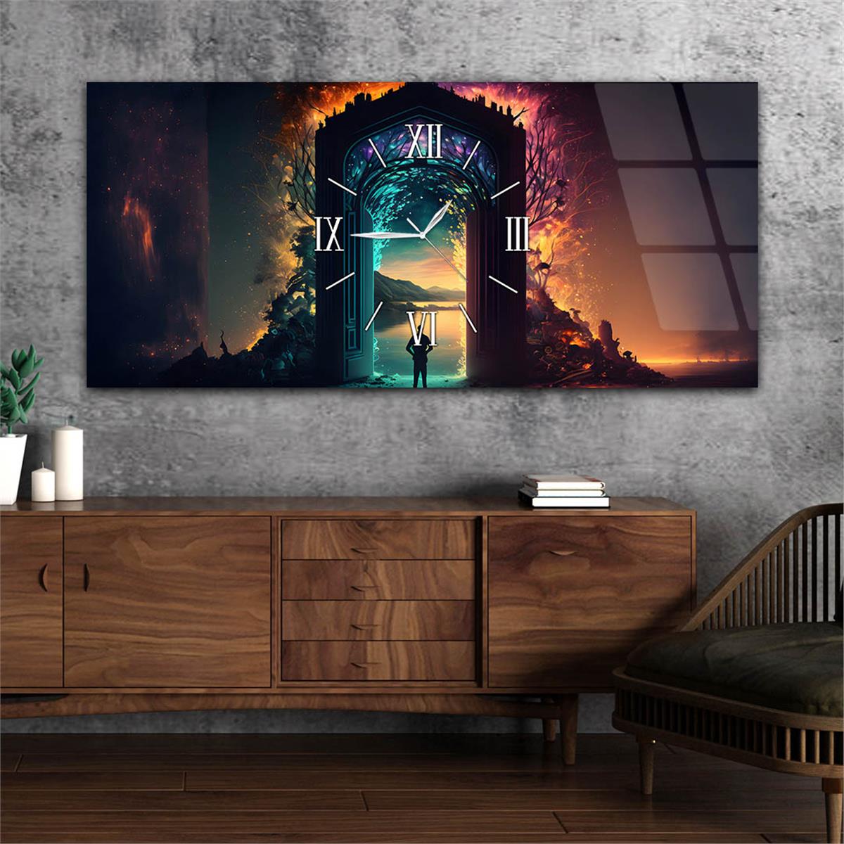 Yatay Ortadan Saatli  Sanat ve Doğa Temalı Cam Tablo 109