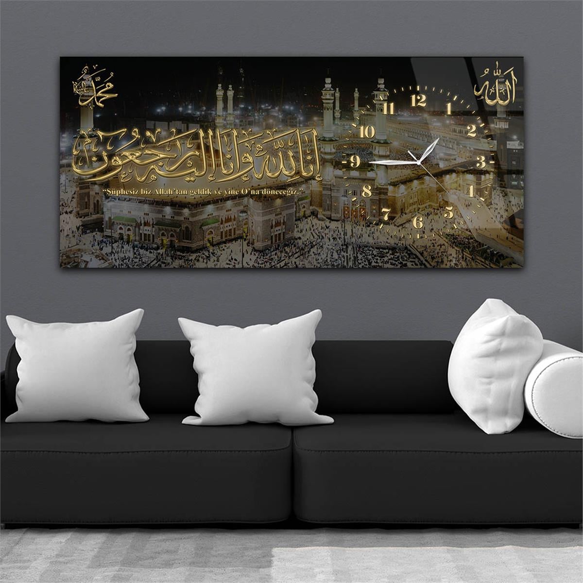 Yatay Saatli Yandan Dini Temalı Cam Tablo 086