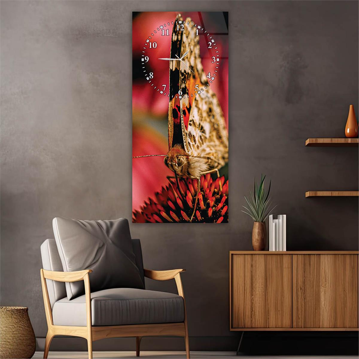 Dikey Üstten Saatli Sanat Temalı Cam Tablo 068