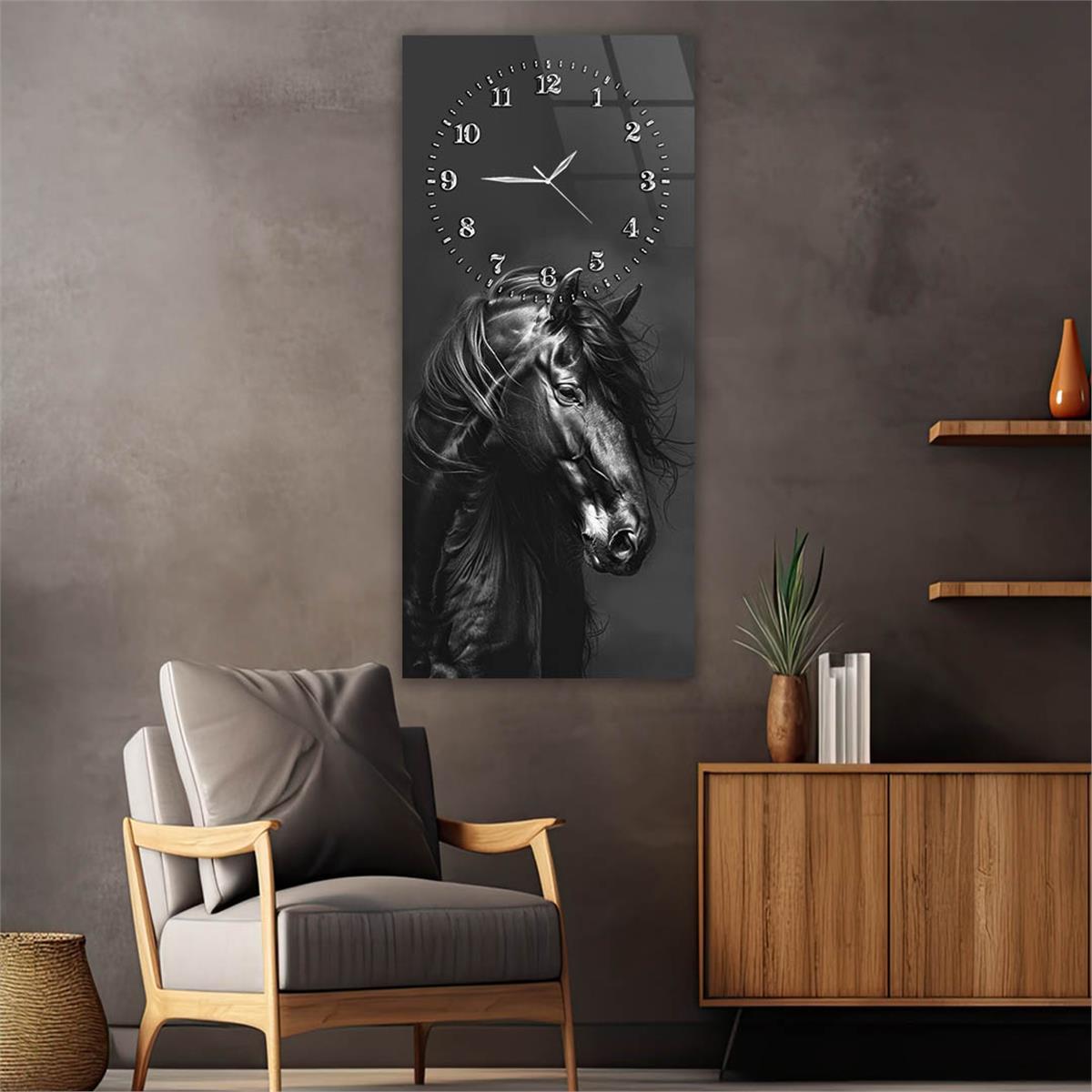 Dikey Üstten Saatli Sanat Temalı Cam Tablo 099