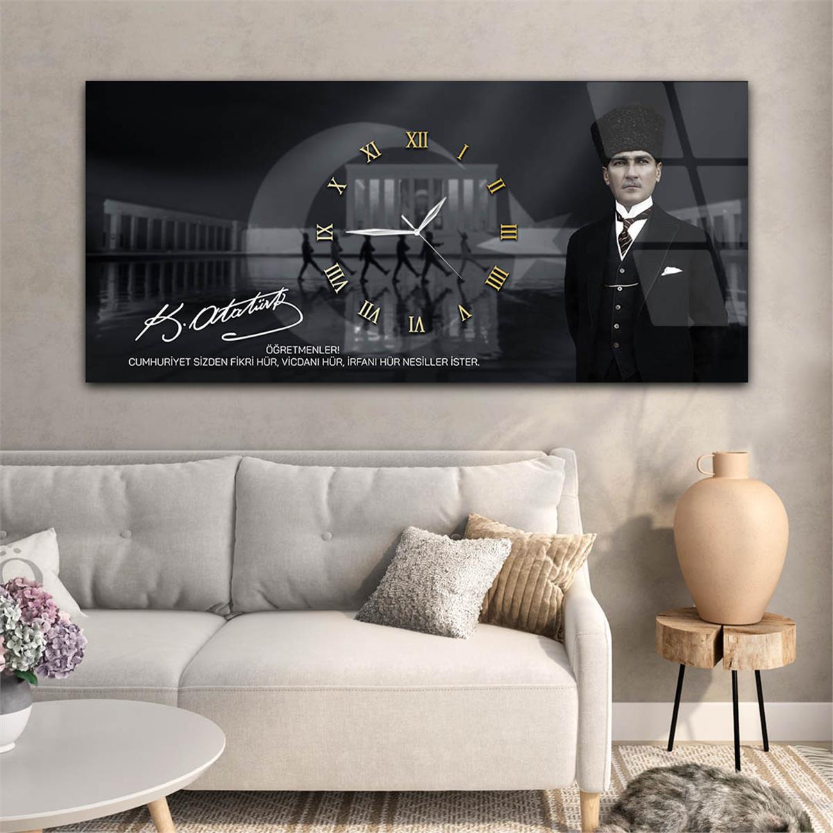 Öğretmenler Cumhuriyet Sizden Fikri Hür, Vicdanı Hür, İrfanı Hür Nesiller İster Yatay Ortadan Saatli  Cam Tablo 053