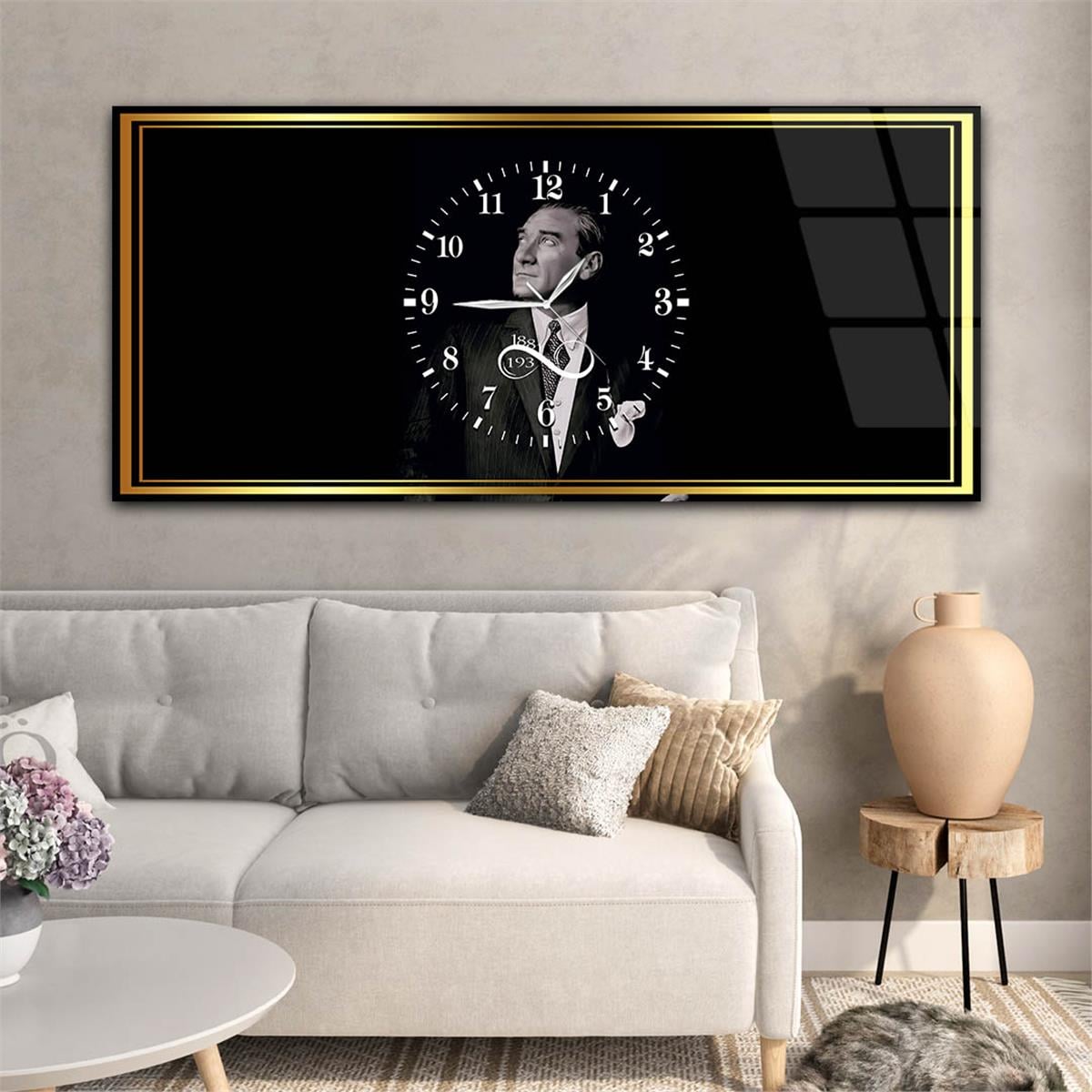 Mustafa Kemal Atatürk 1981-1938 Yatay Ortadan Saatli  Vatan Temalı Cam Tablo 046