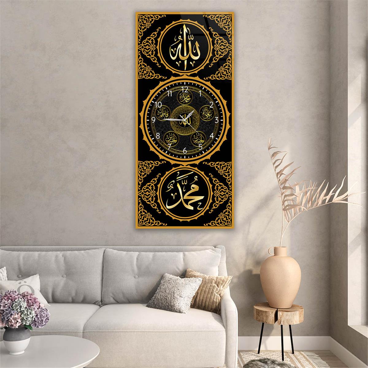 Vertical Religious Themed Glass Wall Art with Clock at the Center 017