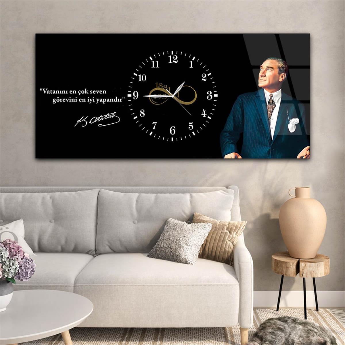 Yatay Saatli Ortadan Vatan Temalı Cam Tablo 126