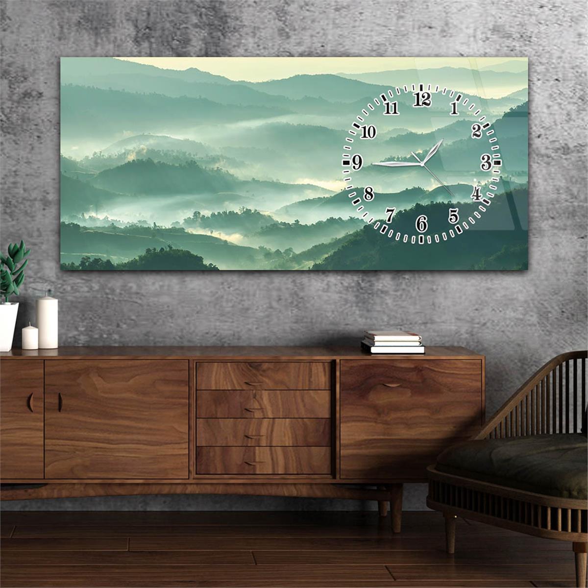 Yatay Saatli Yandan Sanat ve Doğa Temalı Cam Tablo 096