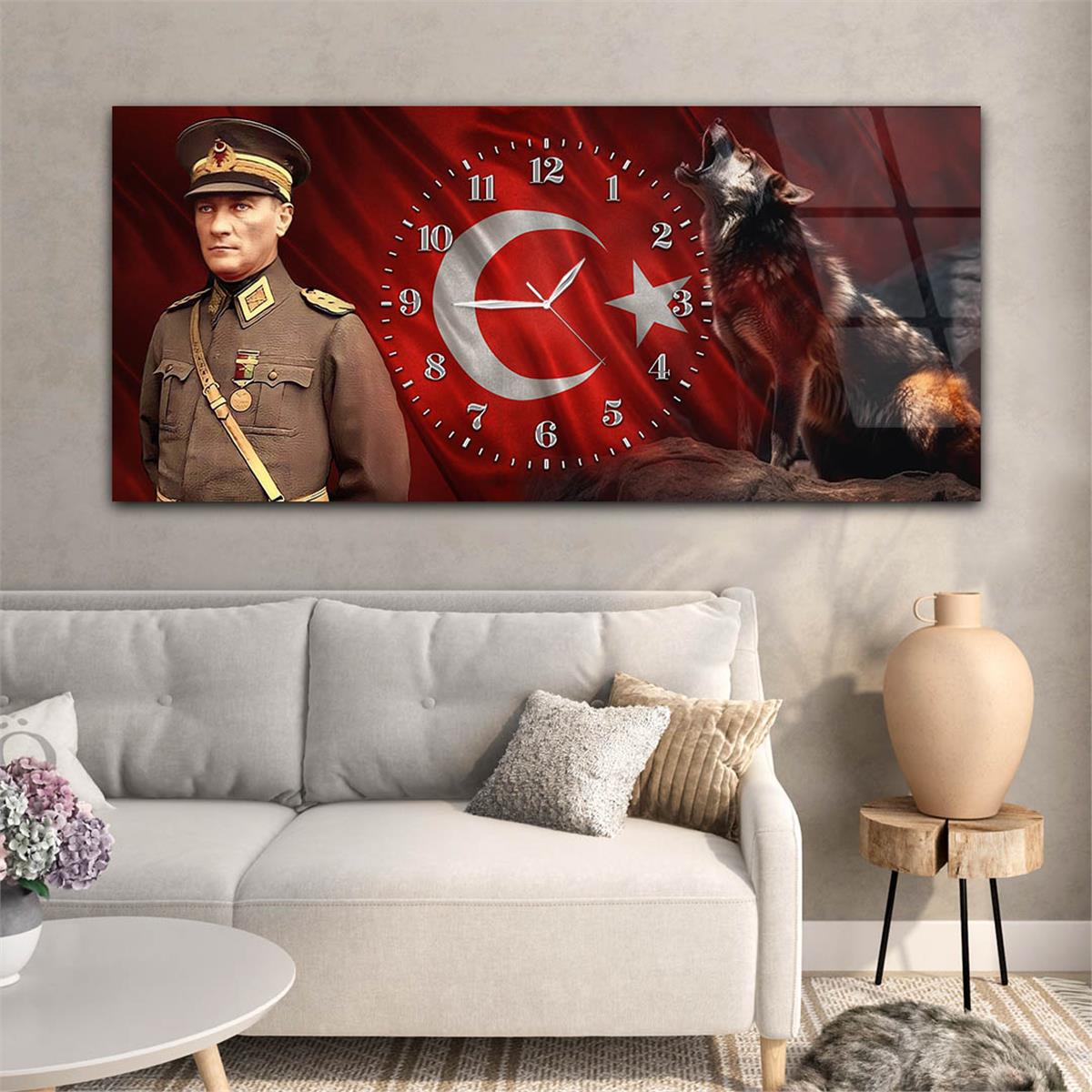 Yatay Saatli Ortadan Vatan Temalı Cam Tablo 171