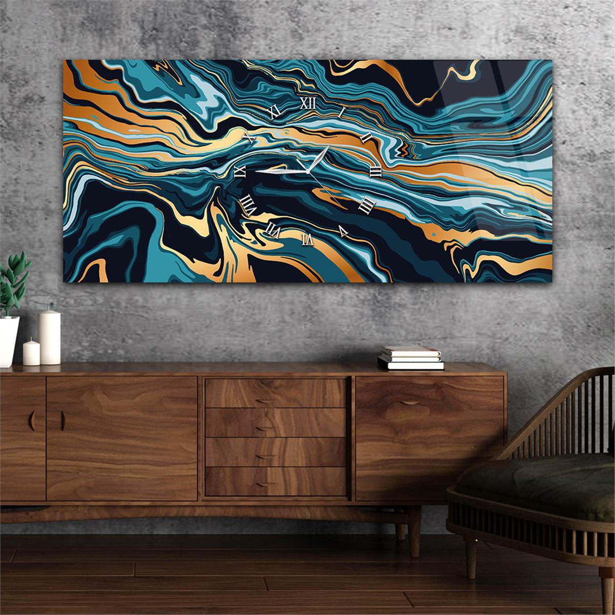 Yatay Ortadan Saatli  Sanat ve Doğa Temalı Cam Tablo 027