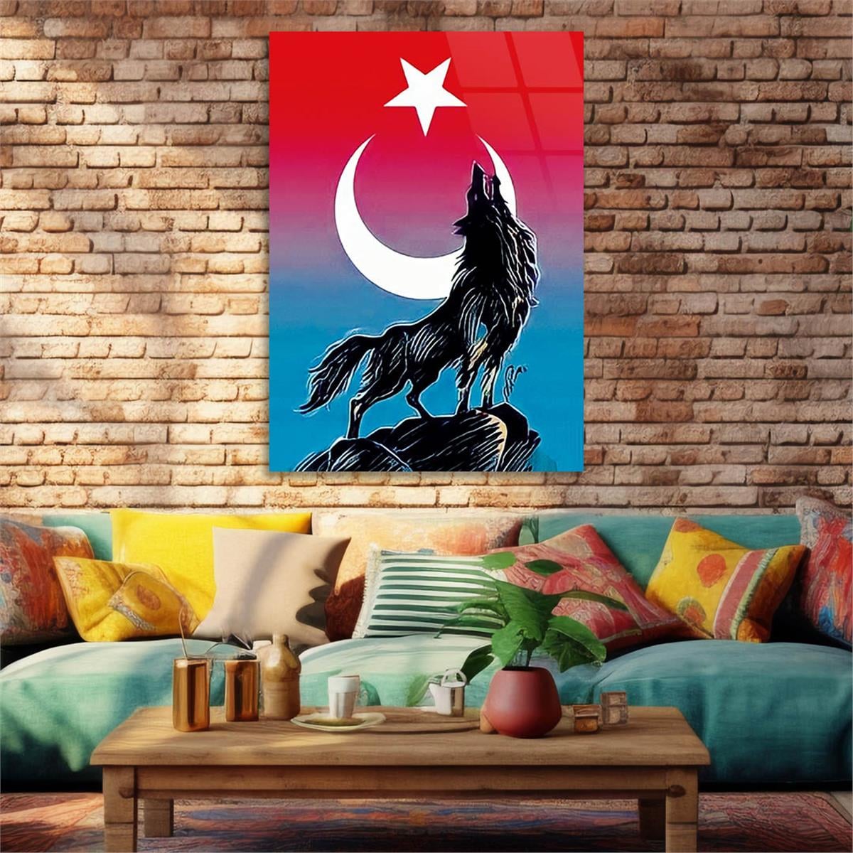 Turkish Flag and Wolf Tempered Glass Wall Art 