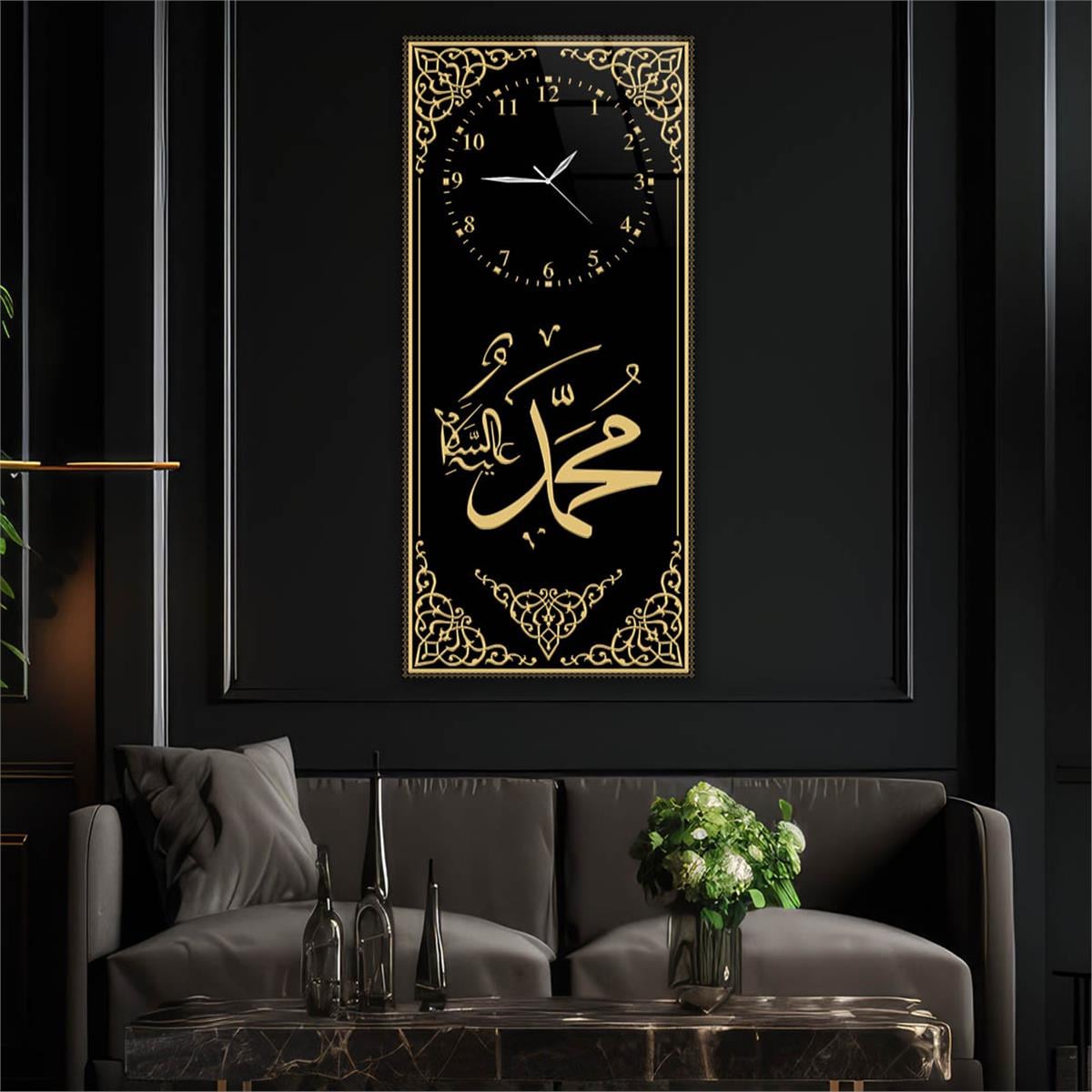 Vertical Religious Themed Glass Wall Art with Clock at the Top  014