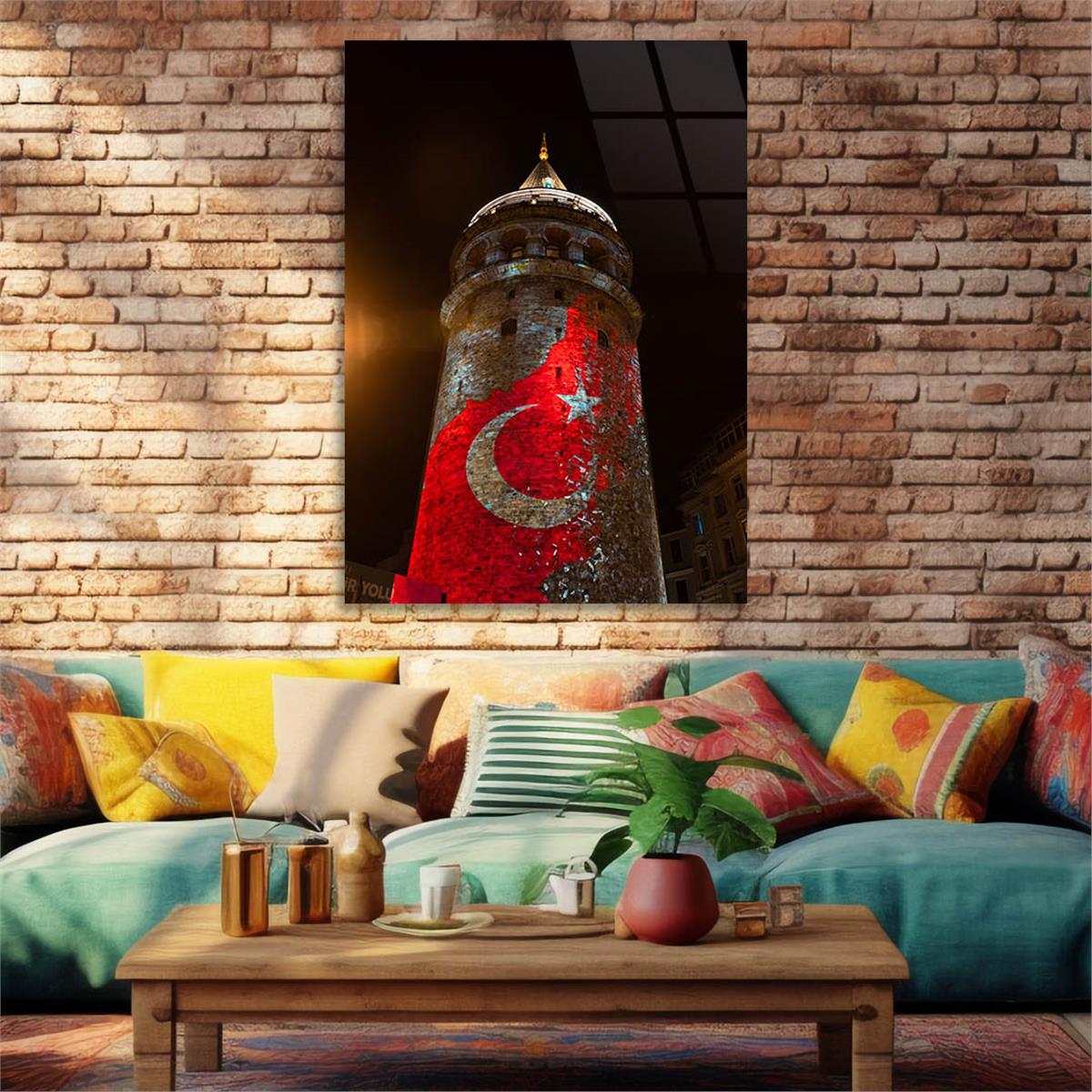 Glass Wall Art with Galata Tower and Turkish Flag