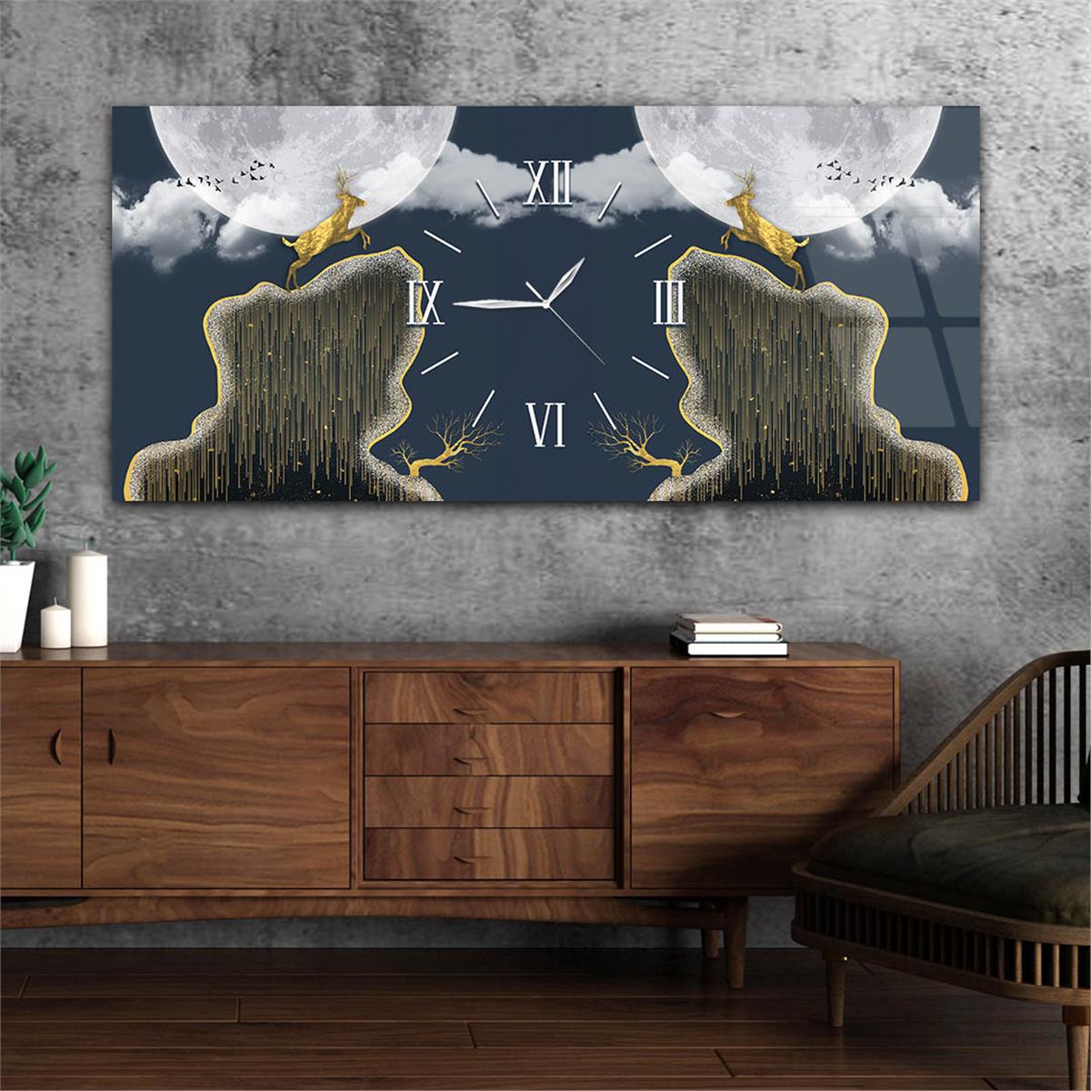 Yatay Ortadan Saatli  Sanat ve Doğa Temalı Cam Tablo 082