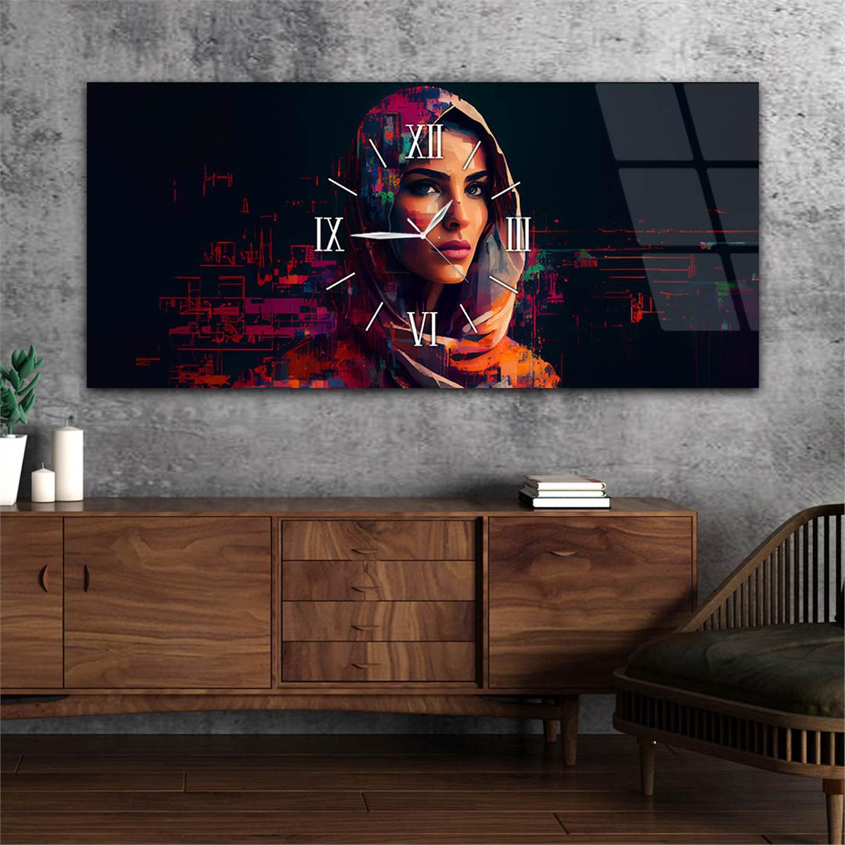 Yatay Ortadan Saatli  Sanat ve Doğa Temalı Cam Tablo 067