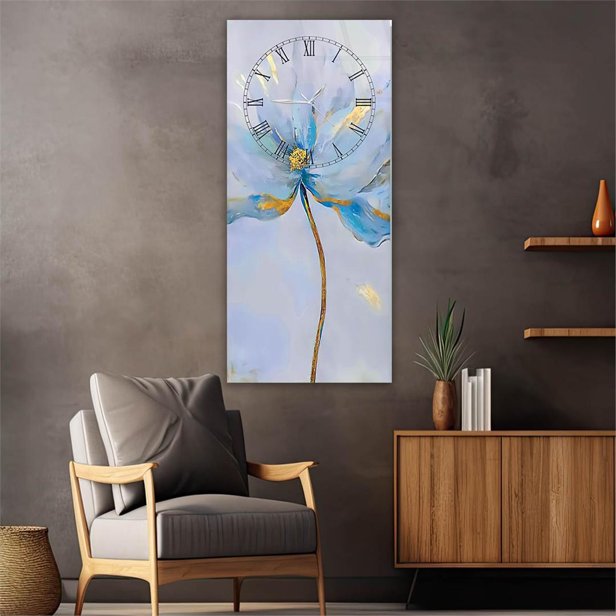Vertical Art Themed Glass Wall Art with Clock at the Top 074