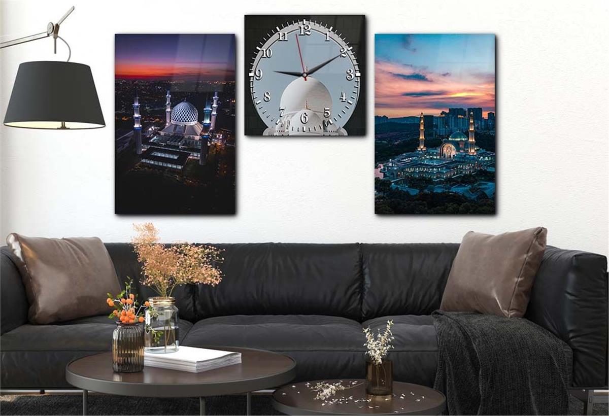 DİNİ TEMALI CAM TABLO CAM DUVAR SAAT SETİ 