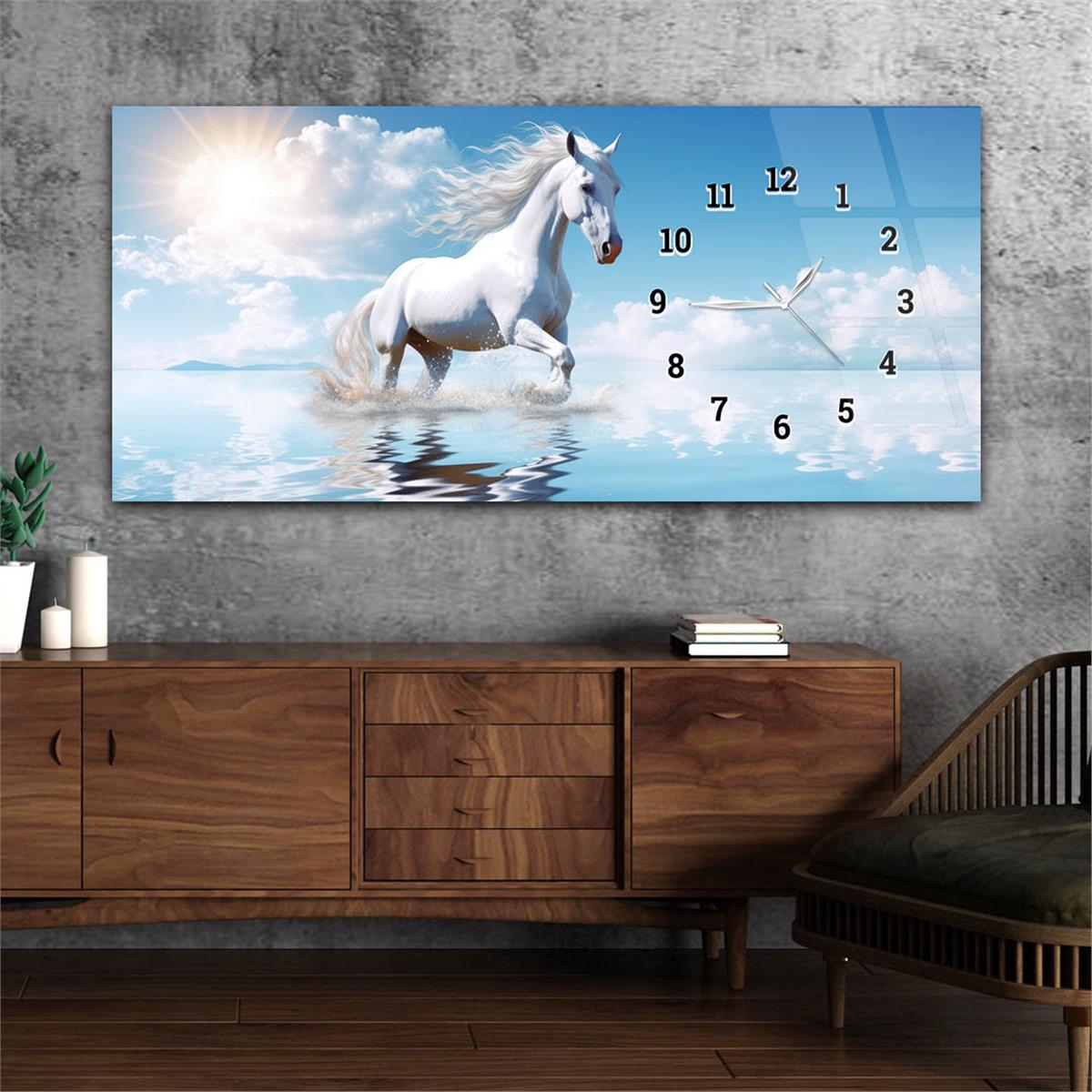 Yatay Saatli Yandan Sanat ve Doğa Temalı Cam Tablo 170