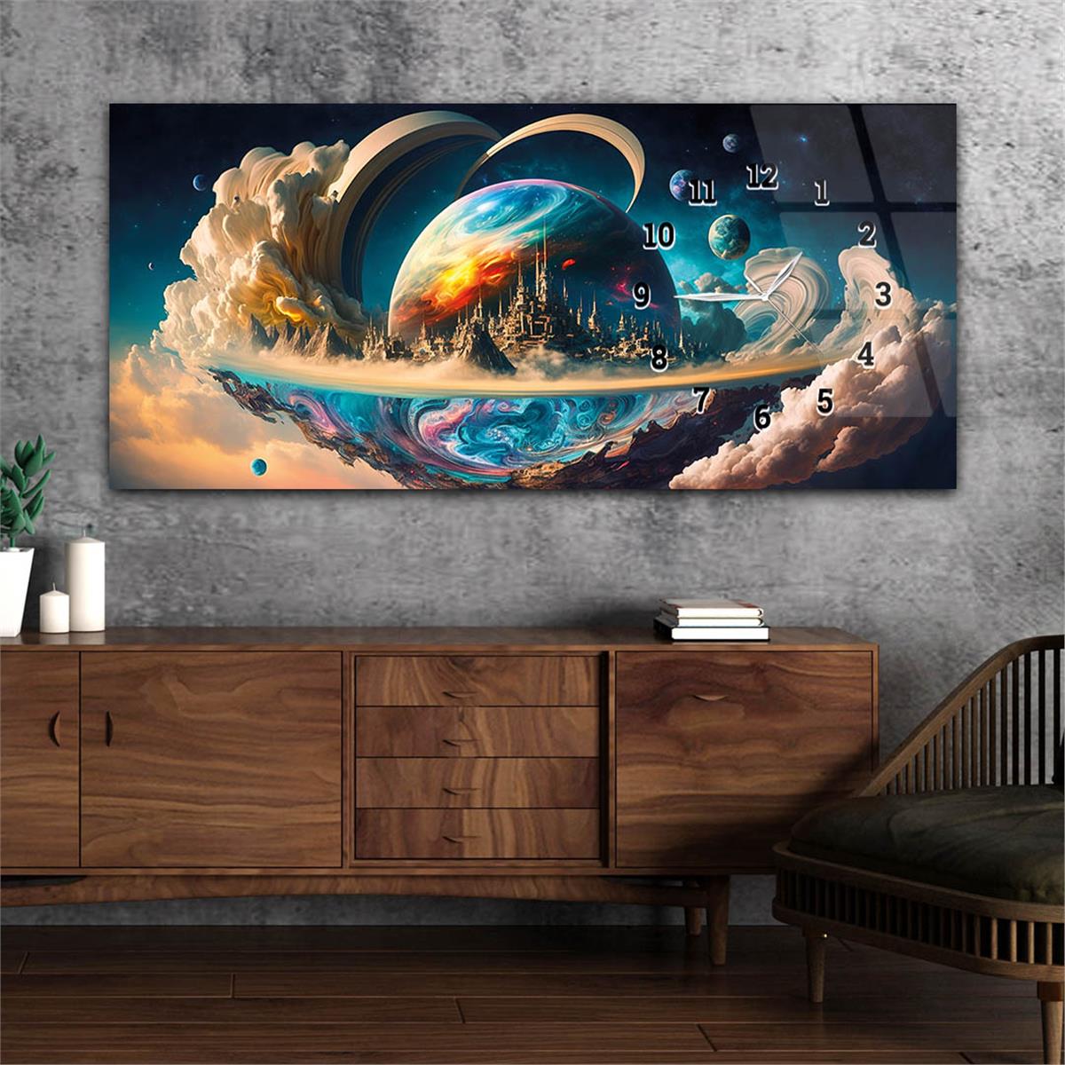 Yatay Saatli Yandan Sanat ve Doğa Temalı Cam Tablo 209