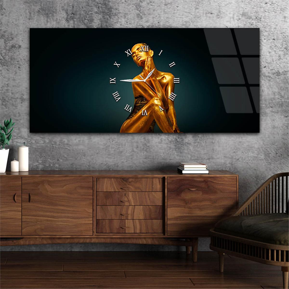 Yatay Ortadan Saatli  Sanat ve Doğa Temalı Cam Tablo 023