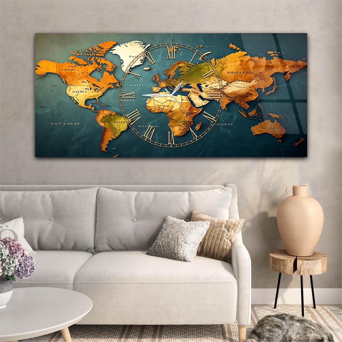 Yatay Saatli Ortadan Vatan Temalı Cam Tablo 117