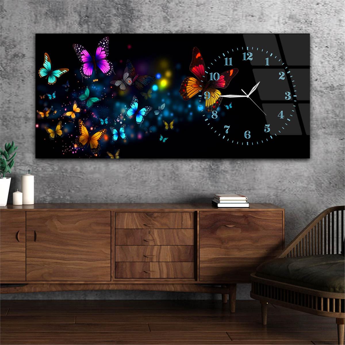 Yatay Saatli Yandan Sanat Temalı Cam Tablo 254