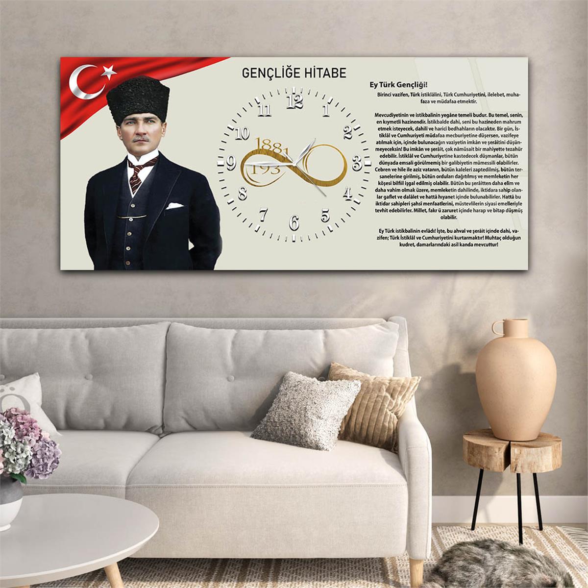 Yatay Ortadan Saatli  Vatan Temalı Cam Tablo 024