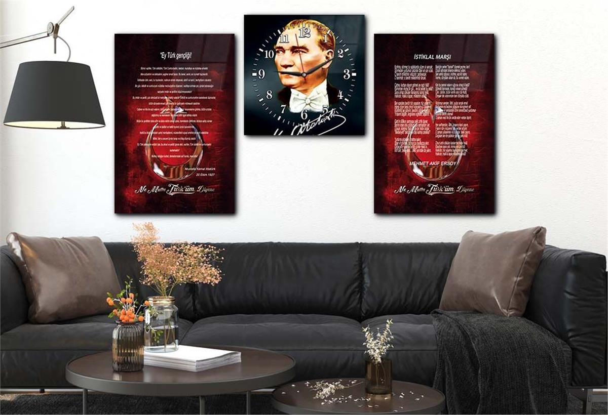 Atatürk, Independence March, and Youth Address Glass Wall Art Set with Clock