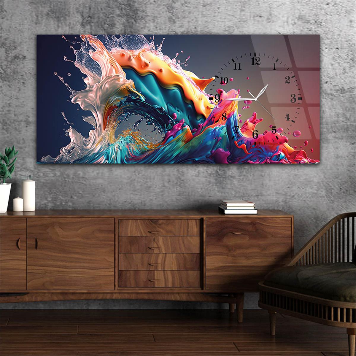 Yatay Saatli Yandan Sanat ve Doğa Temalı Cam Tablo 055