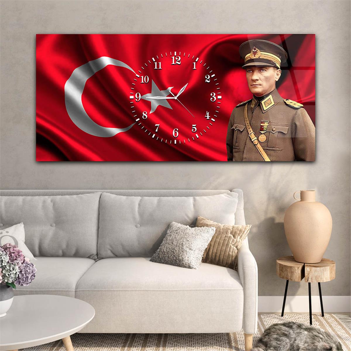 Yatay Saatli Ortadan Vatan Temalı Cam Tablo 097