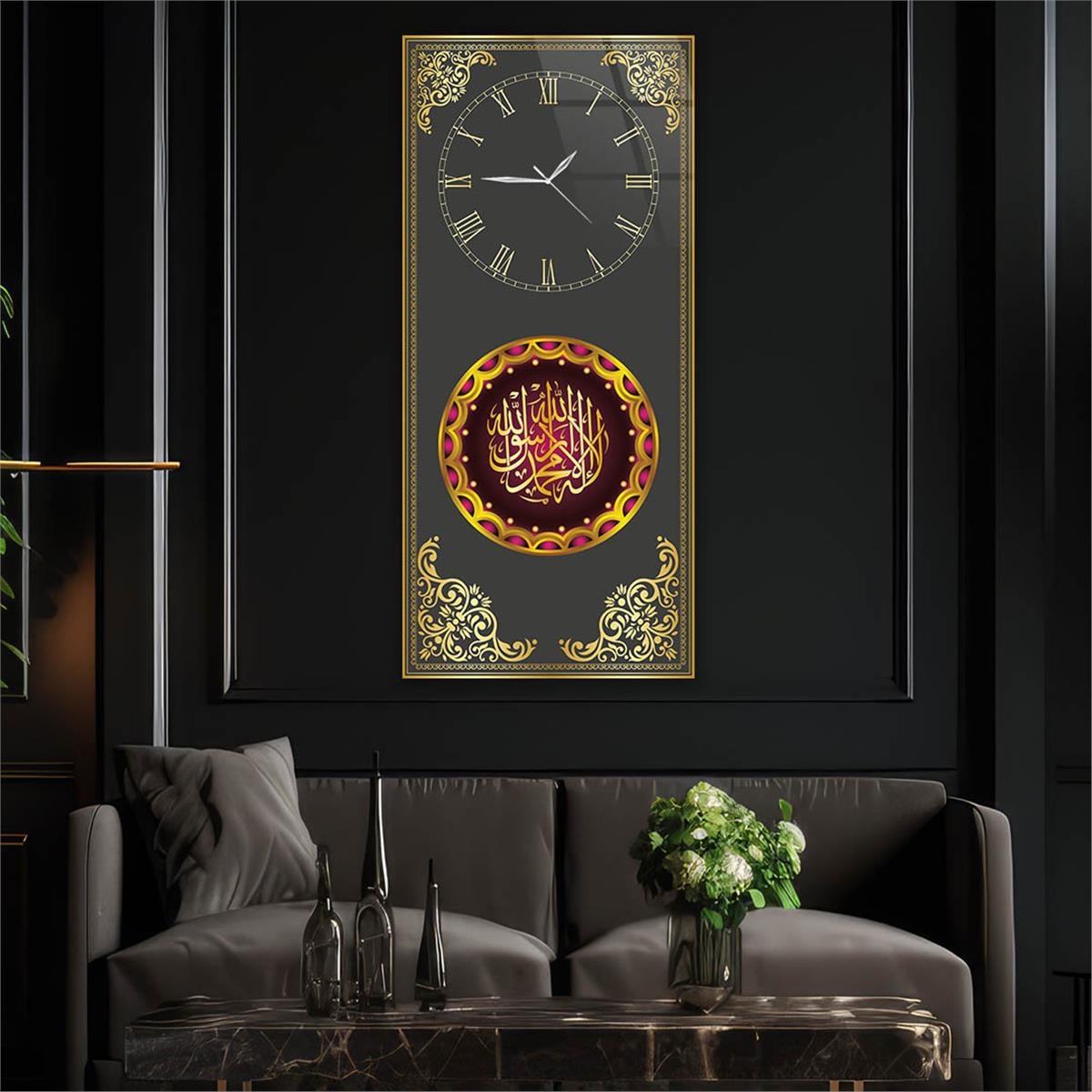 Vertical Religious Themed Glass Wall Art with Clock at the Top  028