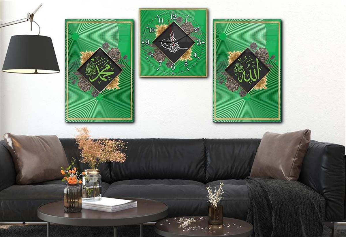 ALLAH C.C. MUHAMMED S.A.V İSMİ VE OSMALI TUĞRA GÖRSELLİ CAM TABLO CAM DUVAR SAATİ 