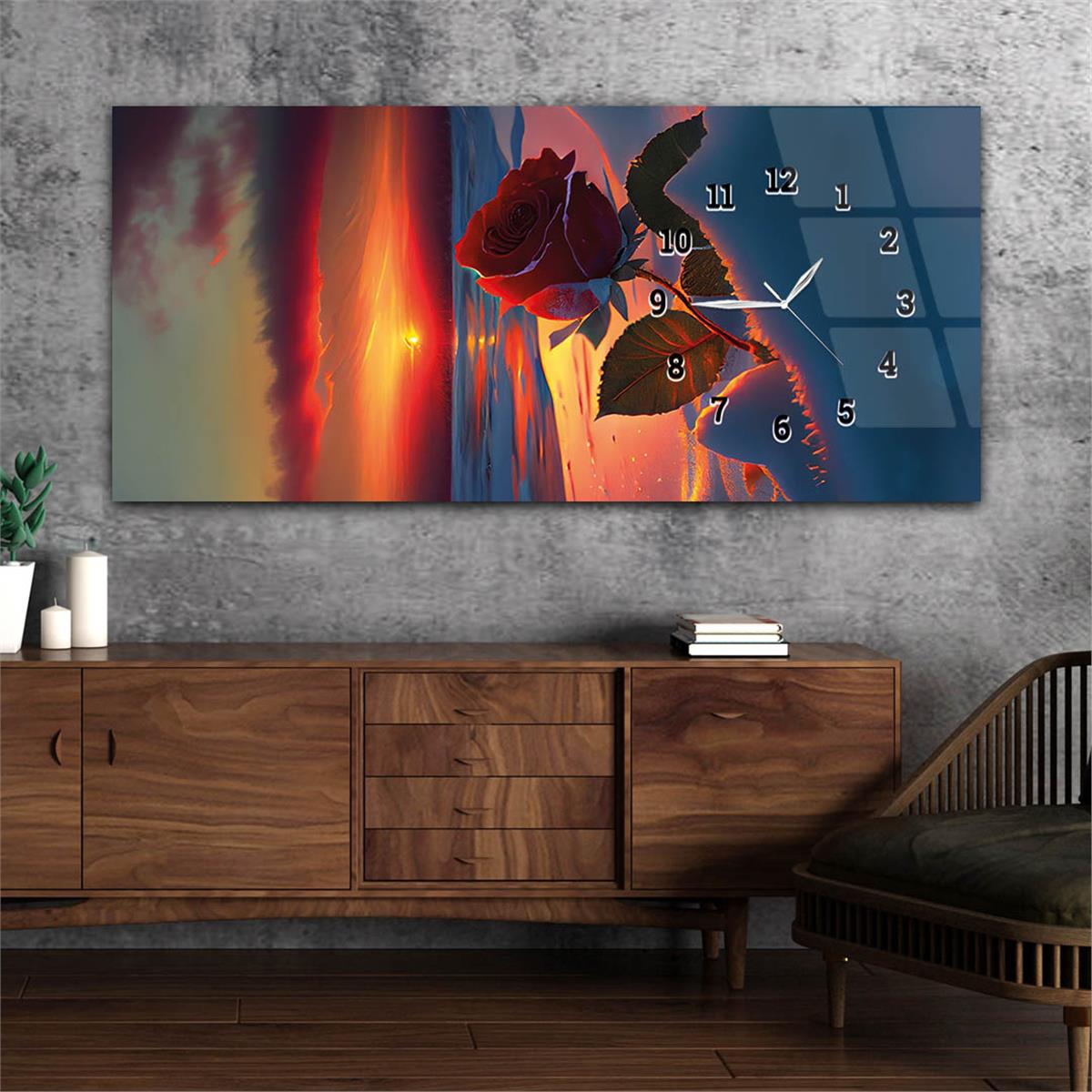 Yatay Saatli Yandan Sanat ve Doğa Temalı Cam Tablo 222