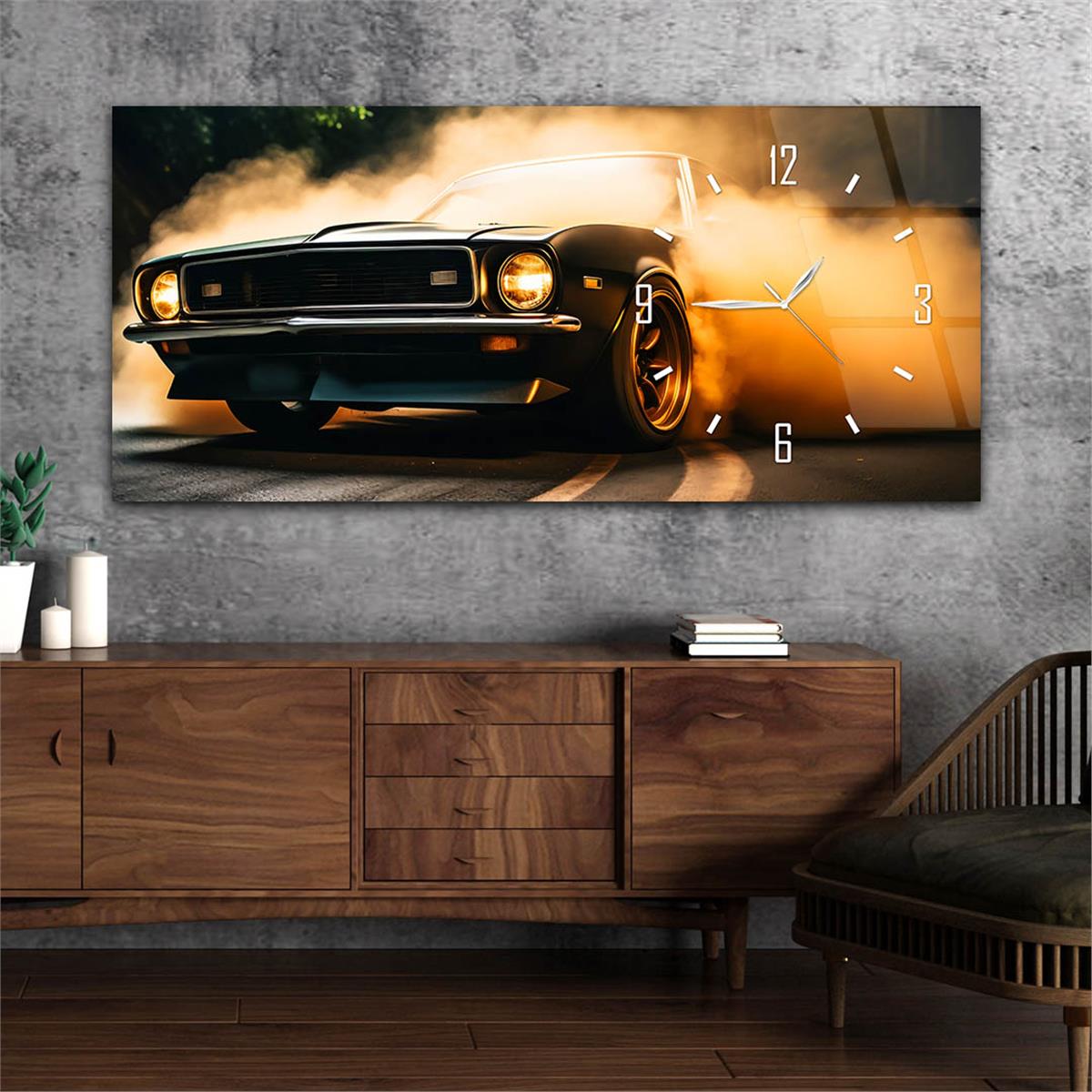 Yatay Saatli Yandan Sanat Temalı Cam Tablo 280