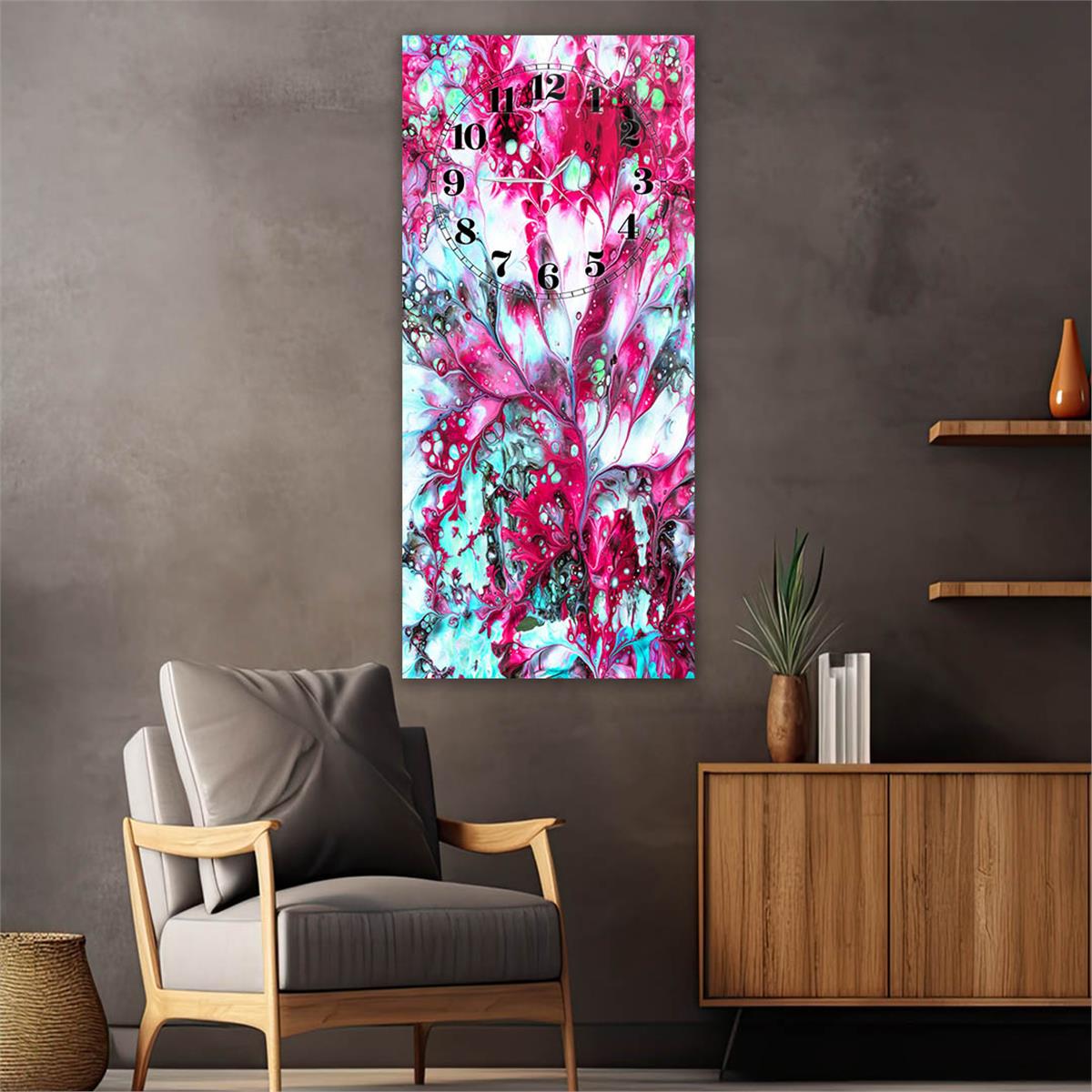 Vertical Art Themed Glass Wall Art with Clock at the Top 015