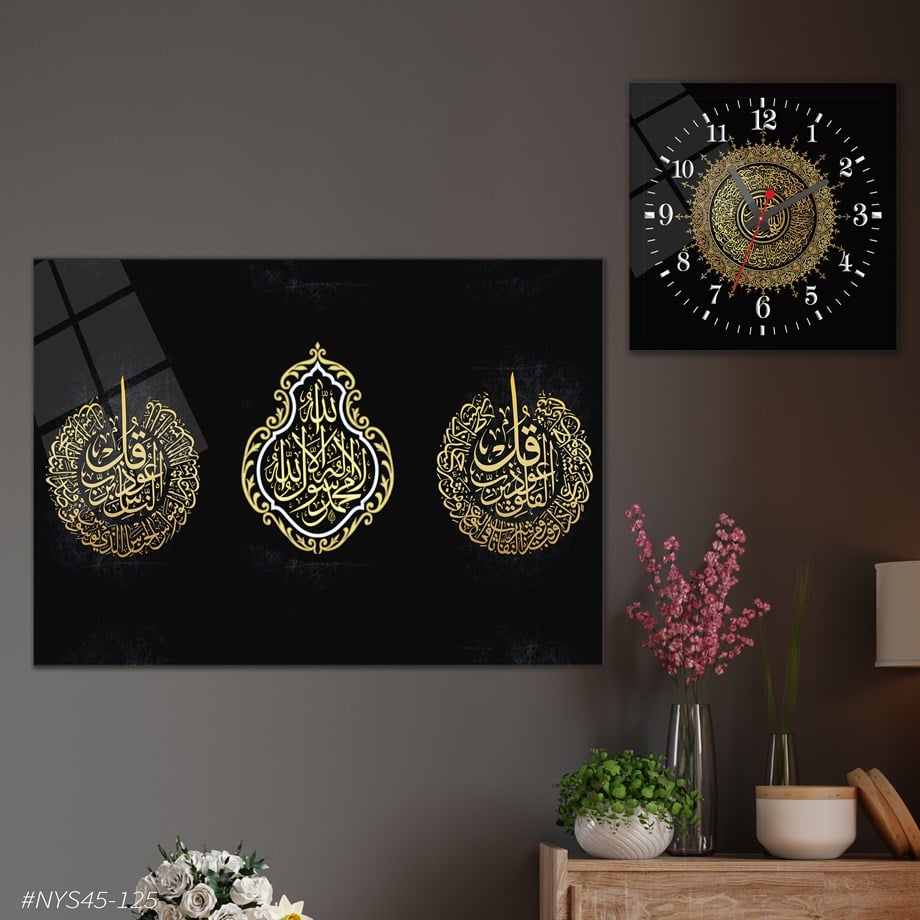 Tempered Glasss Wall Arts Religious-Themed Set with Square Clock