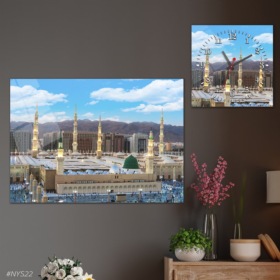 Tempered Glasss Wall Arts Religious-Themed Set with Square Clock