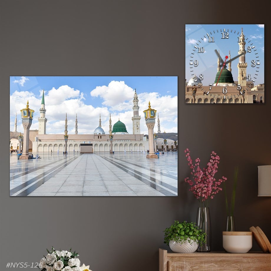 Tempered Glasss Wall Arts Religious-Themed Set with Square Clock
