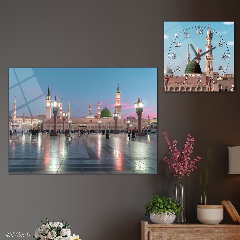 Tempered Glasss Wall Arts Religious-Themed Set with Square Clock