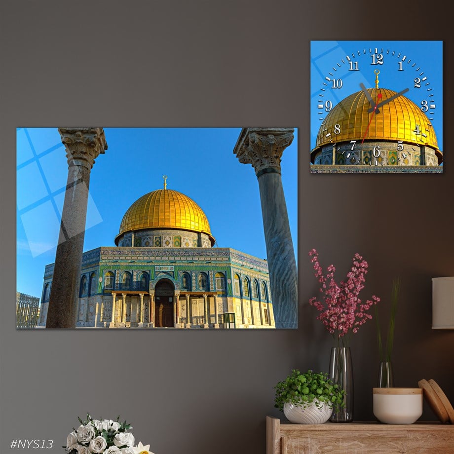 Tempered Glasss Wall Arts Religious-Themed Set with Square Clock
