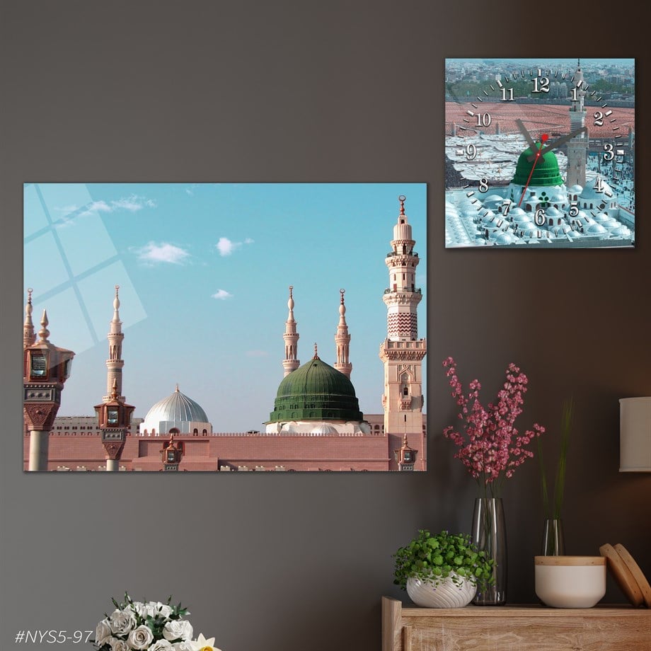 Tempered Glasss Wall Arts Religious-Themed Set with Square Clock