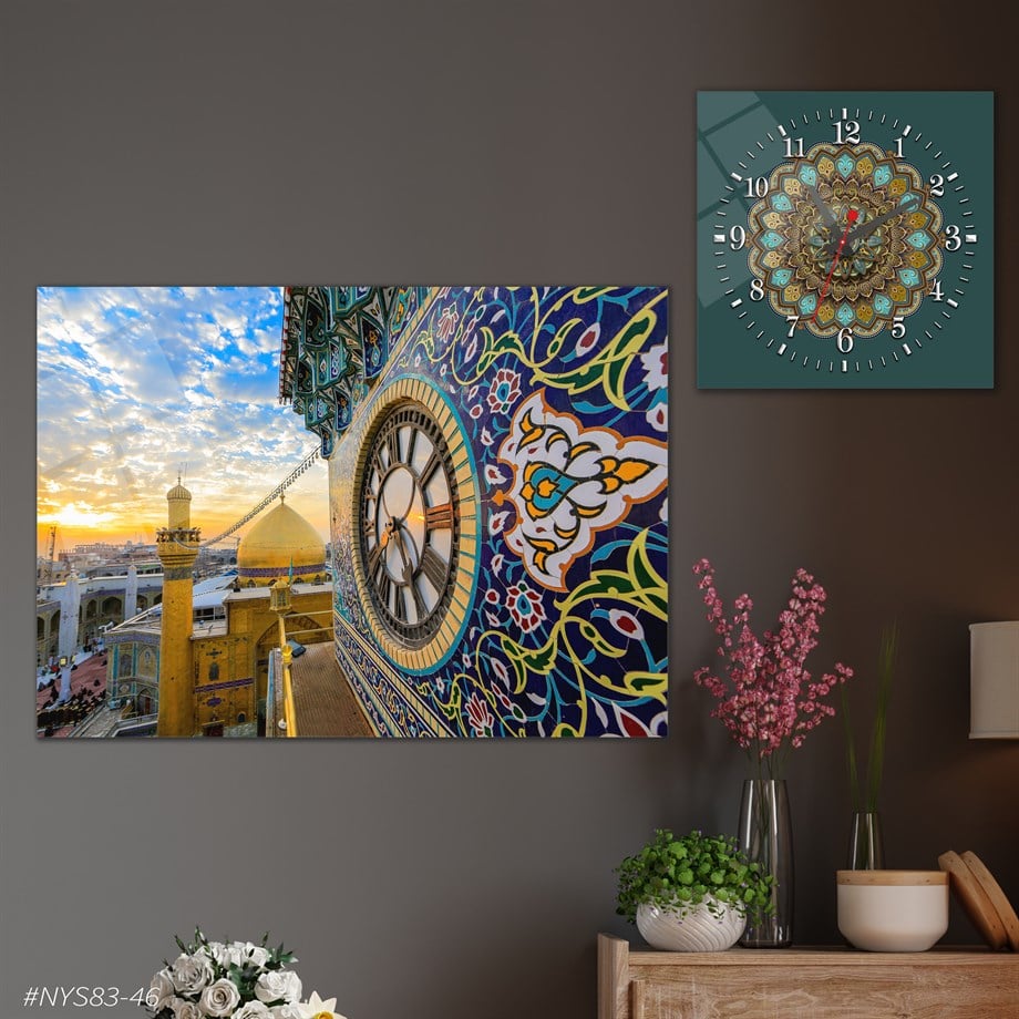 Tempered Glasss Wall Arts Religious-Themed Set with Square Clock
