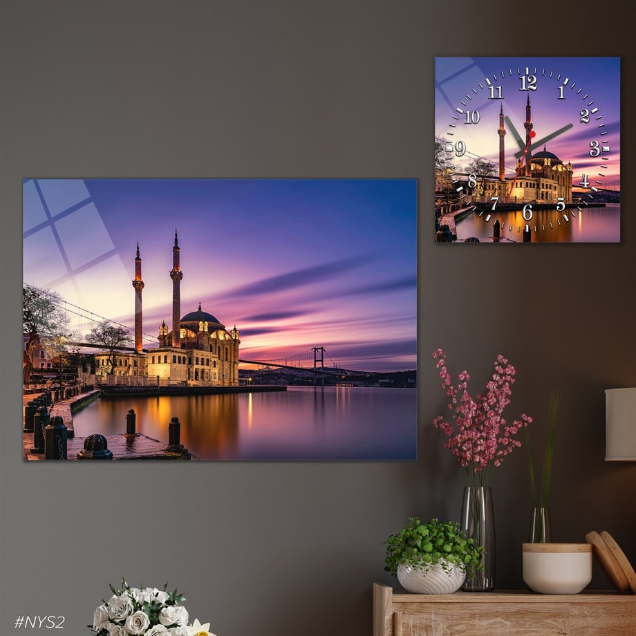Tempered Glasss Wall Arts Religious-Themed Set with Square Clock